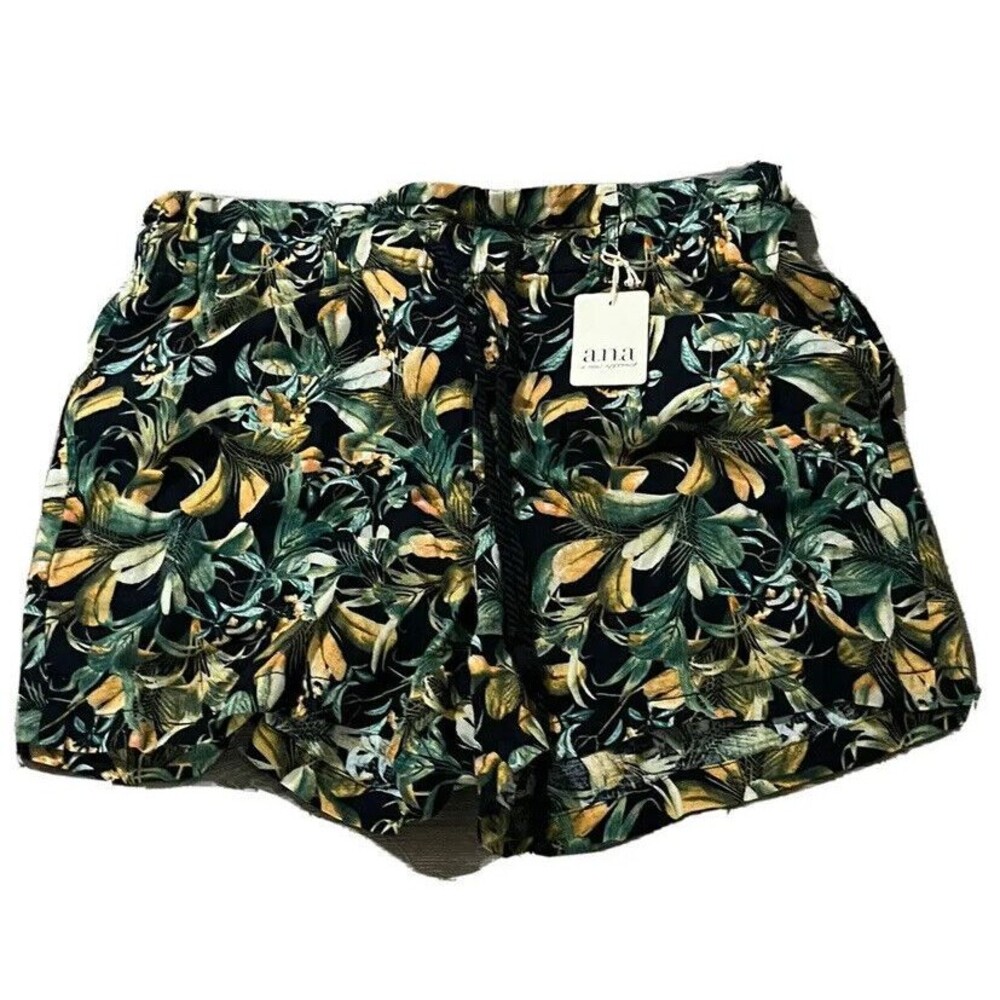 ANA‎ New Approach Shorts High Waist Paperbag Pockets Linen Blend Black Floral XL